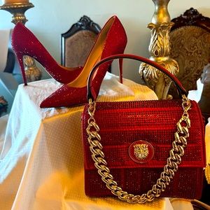 SEXY blood red crystal size 8 heels with matching purse